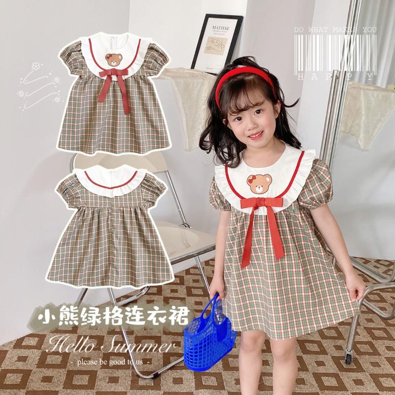 

Girl's Dresses Summer Girls Retro Green Lattice Bear Short Sleeve Doll DressGirl's