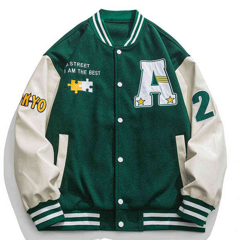 Hip Hop Hommes Varsity Veste Puzzle Lettre Broderie Patchwork Rétro Veste Printemps Femme En Cuir PU Bomber Manteau Vêtements Pour Hommes T220816