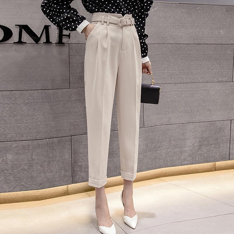 

Men' Pants Spring Korean OL Style Women With Belt High Waist Formal Elegant Office Lady Ankle-Length Plus SizeMen, Black
