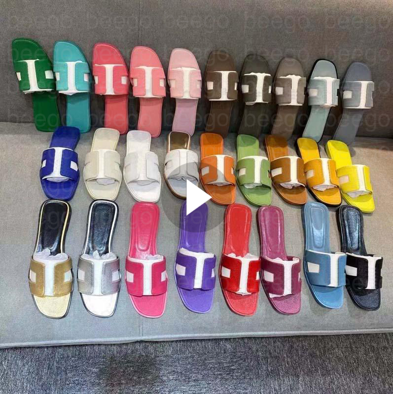 Femmes Oran Sandal Slides Designer Classic Flat Slippers Red Yellow Cartoon Real Leather dames Summer Beach Sexy Chaussures grandes femmes Lzmir