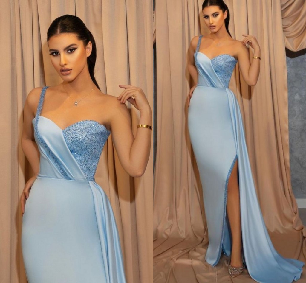 

Stunning Light Sky Blue Split Evening Dresses Sexy Mermaid Spaghetti One Shoulder Pleats Satin Long Prom Dresses Formal Vestidos Evening Gowns, Black