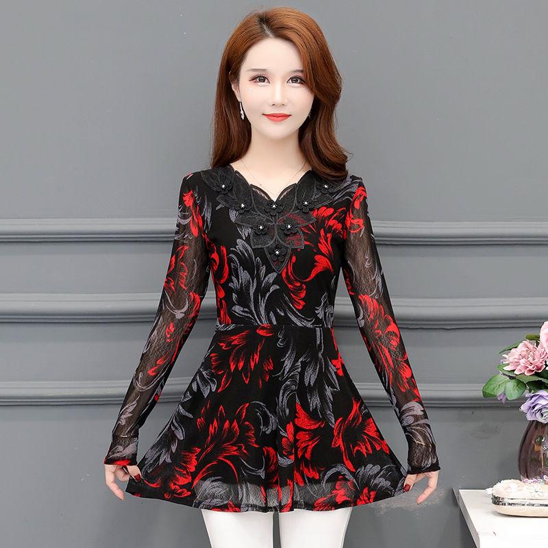 

Women's T-Shirt Spring Long Sleeve Loose Clothes Floral Women Vintage Blouses Shirt Female Casual Tunic Retro Fashion Tops K603Women's, Red