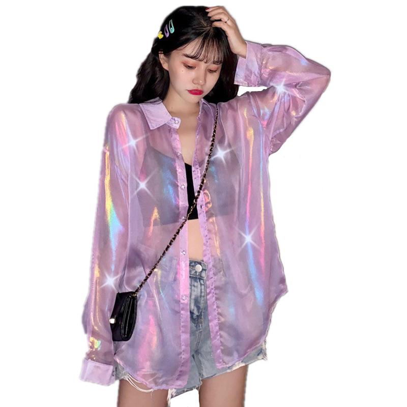 

Women' Blouses & Shirts Summer Beach Women Sheer See-through Shiny Loose Casual Blouse Sun-proof Mesh Tops All-match Holiday Sunscreen Clot, Purple