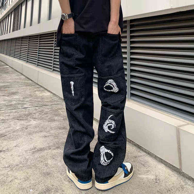 

Retro Back Harajuku Hand Finger Print Black Mens Jeans Pants Streetwear Oversize Straight Baggy Casual Denim Trousers T220803