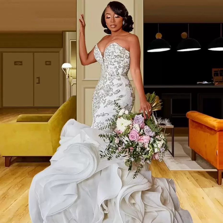 

Arabic Sweetheart Mermaid Wedding Dress Lace Beading Ruffles Train Bridal Gowns Plus Size Luxury vestido de novia BC13021 C018, Ivory