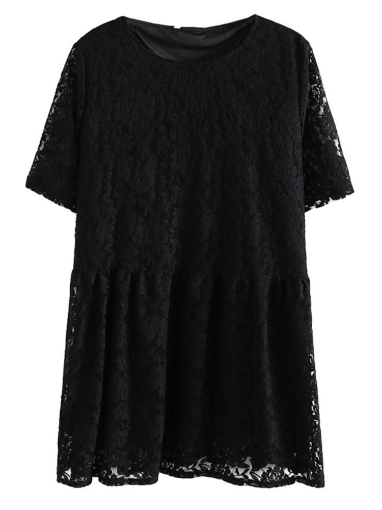 

Plus Size Dresses Lace Dress Women Clothing VINTAGE Short Sleeve Mini Empire O-Neck Stretch Slim One-PiecePlus, Black