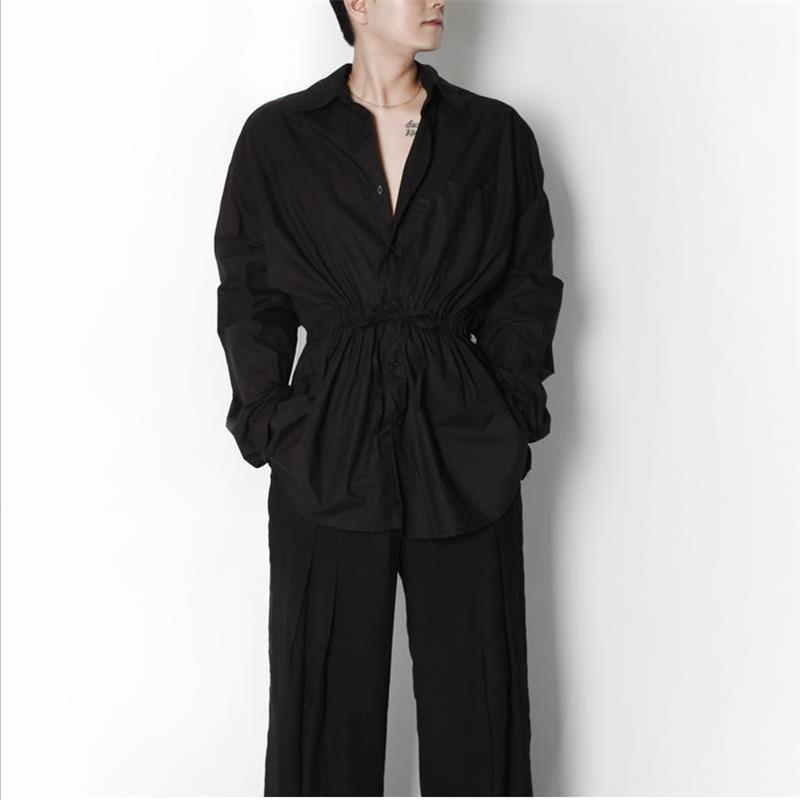 

Men' Casual Shirts Korean Design Sense Large Size Waist Closing Thin Cotton Shirt Spring And Autumn Versatile Loose Fashion Long Sleev, Black