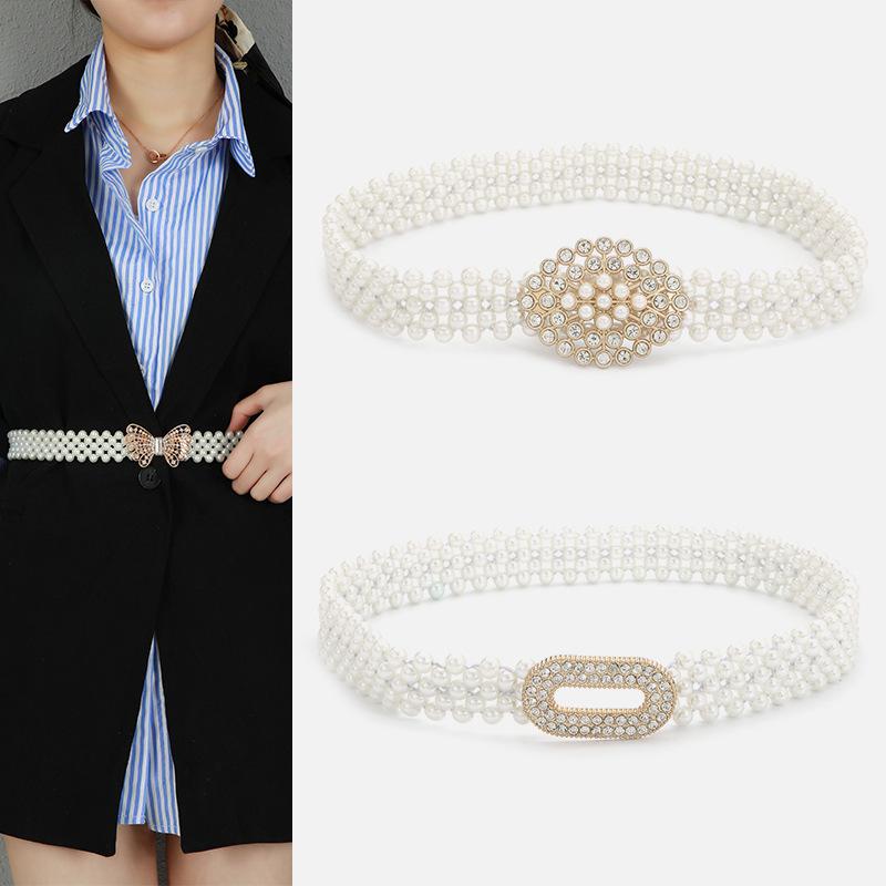 

Belts Ladies Adjustable Pearl Chain Belt Fashion Women Design Simple Decor Dress Thin Skinny Waist, Black