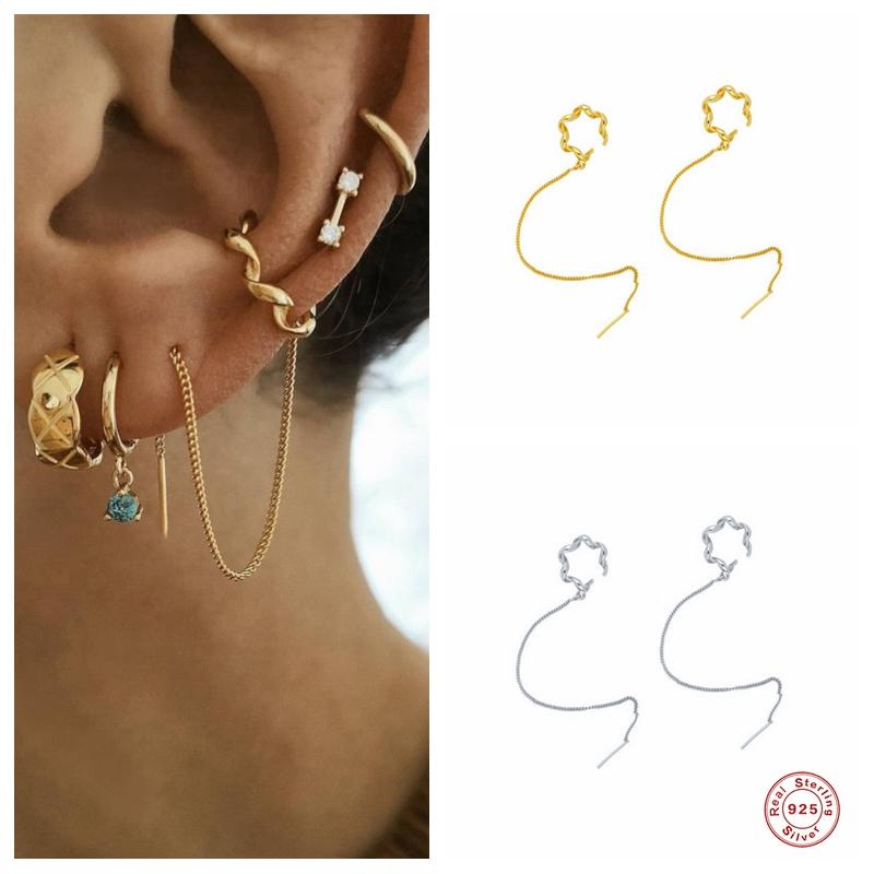 

Clip-on & Screw Back Aide 925 Sterling Silver Dangle Long Chain Tassel Clip Earrings For Women Girls Single Twist Circle Ear Cuff European J