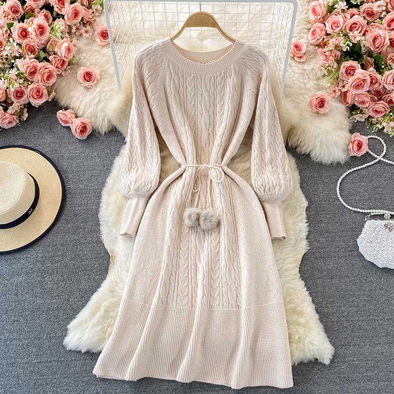 

Casual Dresses Autumn French Elegant Retro Over The Knee Base Sweater Dress Winter Fashion O Neck Lantern Sleeve Knitted Belt Trend, Black;gray