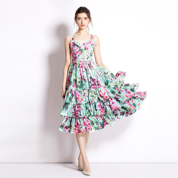 

2022 Summer New Women Beach Holiday Dress V Neck Spaghetti Strap Floral Printing Expansion Vestidos Ruffles Cake Dresses, As picture