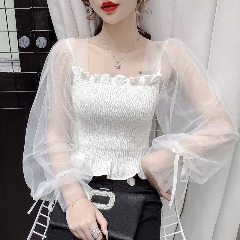 

Women' Blouses & Shirts 2022 Spring Blusas Mujer Casual Blouse Women Fashion Clothing Shirt Korean Mesh Lantern Sleeve Transparent Loose La, Black