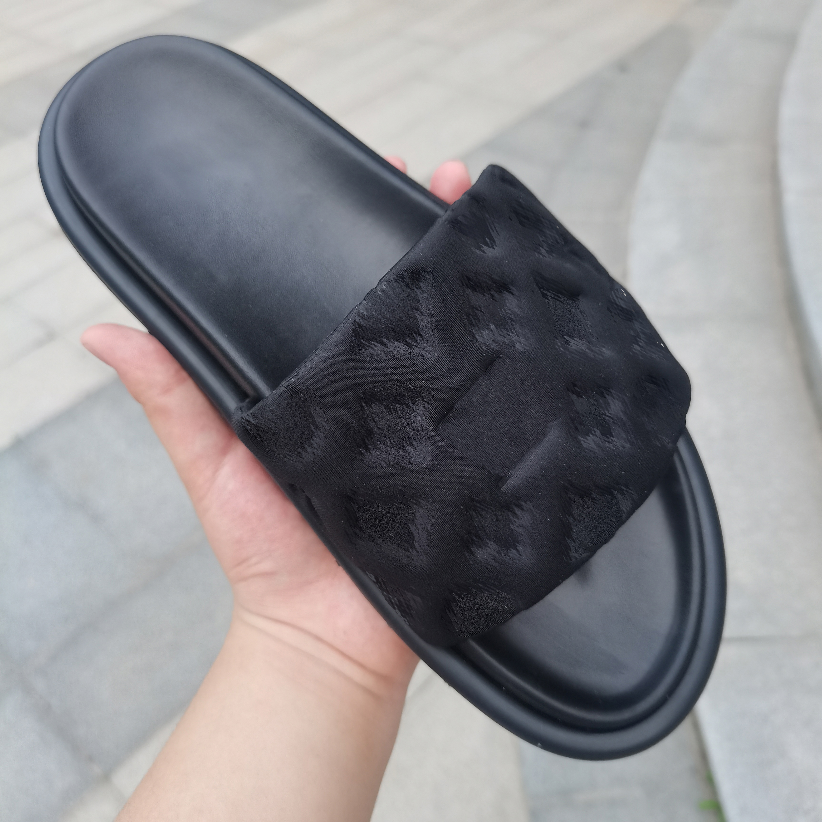 

Pool pillow comfort slides designer slippers velcro mules slipper lady embossing nylon slider men leather sandal flat rubber outsole slide size with box 35-46