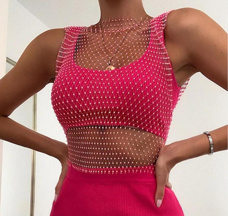 

FestivalQueen Sexy Diamonds Mesh Cropped Tank Top Women Summer Cover Up Bikini See Through Rhinestone Net Party Club Crop Top, Picture color