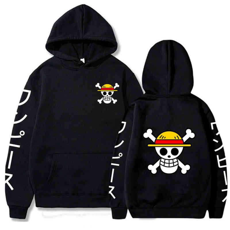 

Men's Anime One Piece Luffy Fleece Hoodie Women Winter Manga Sweatshirts Boy Girl Clothes, Black