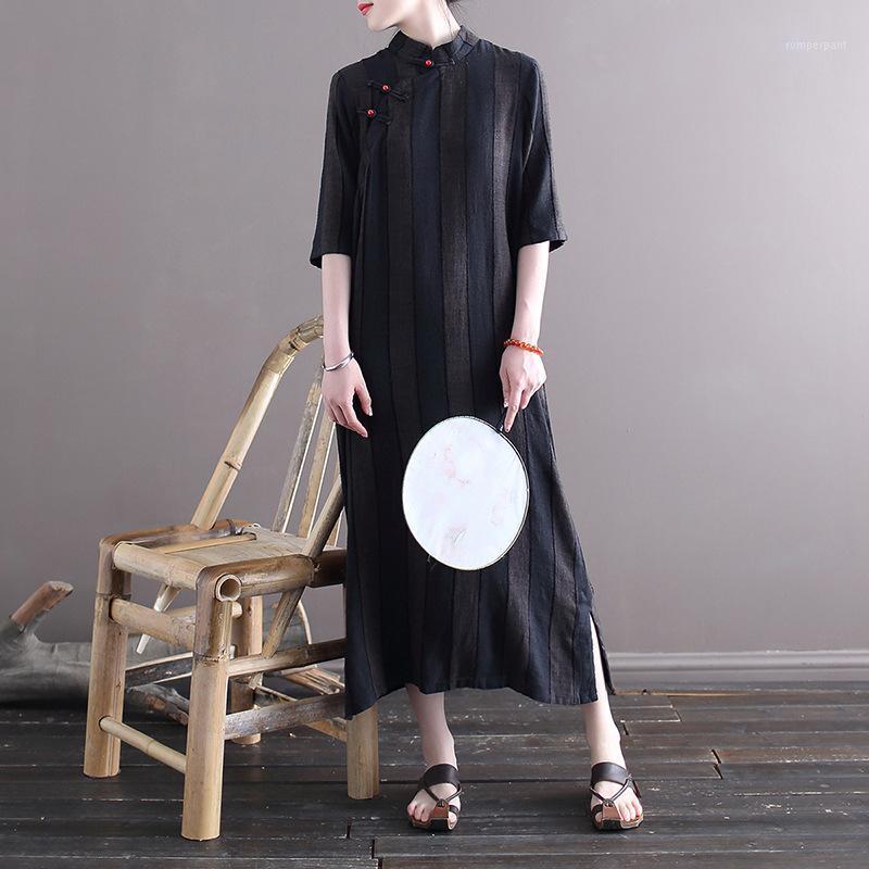 

Women Striped Stand Collar Retro Qipao Dress Ladies Vintage Cheongsam 2022 Summer Casual Dresses, Picture