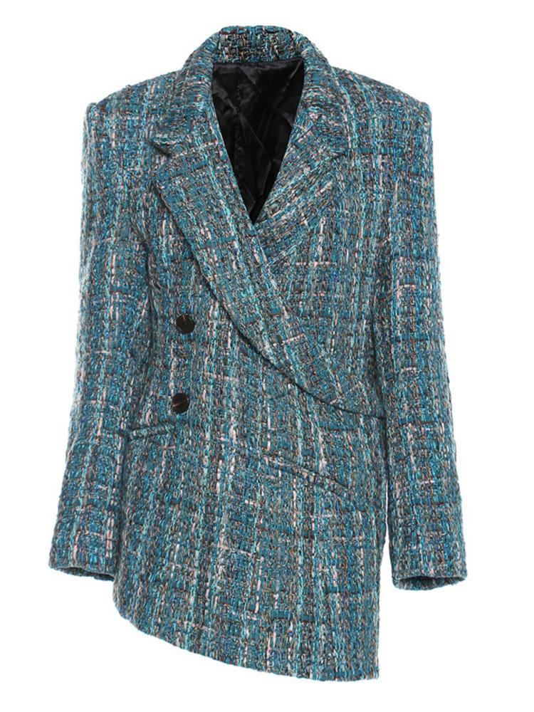 

Women' Suits & Blazers Patchwork Blazer Women 2022 Autumn Winter Lapel Long Sleeve Single-breasted Irregular Casual Tweed Jacket FemaleWome, Blue