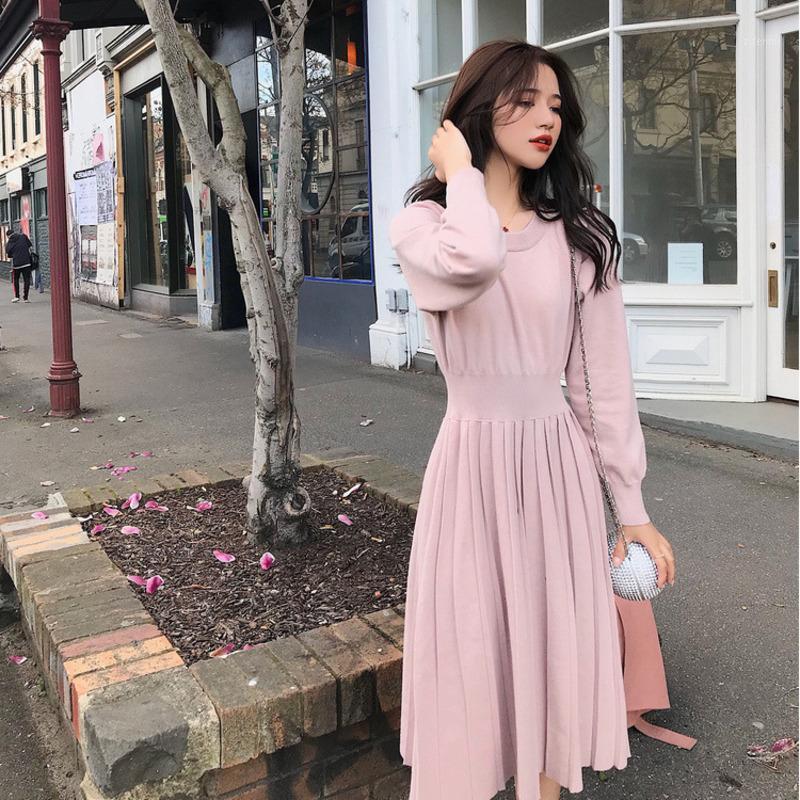 

Casual Dresses Women' Knitted Dress Waist Slimming Solid Maxi Female Pleated Long-Sleeved Robe Streetwear Autumn Winter Vestidos, Black
