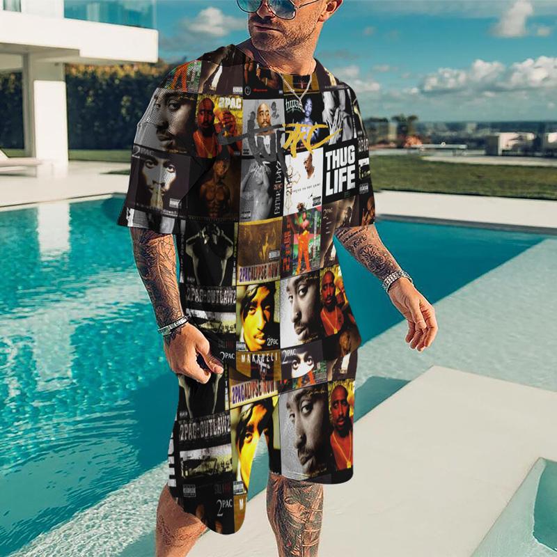 

Men's Tracksuits Summer Men's Tracksuit 2 PAC Print T-Shirt Shorts Suit Casual Stylish Sweatersuit Set Fashion Outfit Male Oversized Str, Kz-ot1145