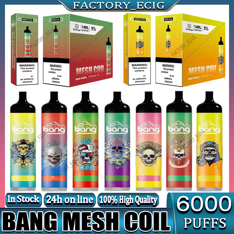 

100% Original Bang Mesh Coil 6000 Puffs Bars Disposable E cigarettes Vape Pen 14ml Pre-filled Pods Cartridge 1100mAh Rechargeable Battery