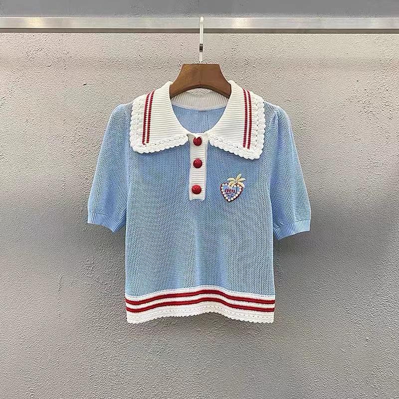 

Women's Sweaters Summer Short Sleeve Preppy Style Female Students White Tees Striped Turn-down Collar Patchwork Woman Knitting Pullovers Top