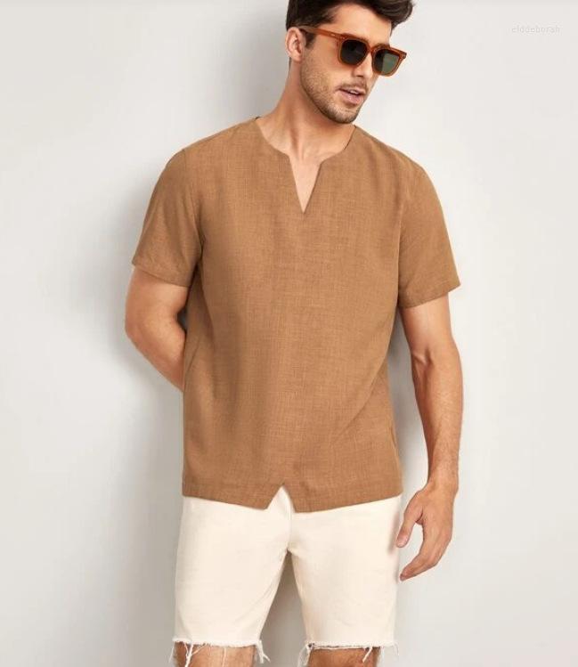 

Men's Casual Shirts Summer Men's Short-Sleeved T-shirt Cotton And Linen Breathable Male Half-sleeve Loose Eldd22, Brown