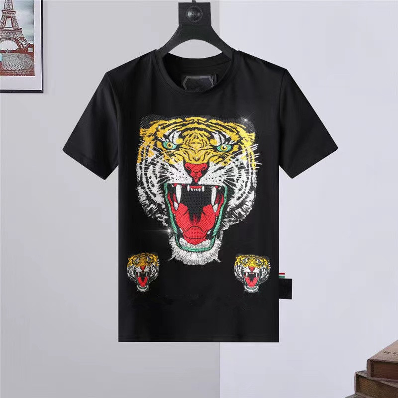 

Cotton Mens Designer Tshirts Summer Fashion T Shirts With Diamond Beads Short Sleeve Tee Tops Print Animal Head Luxury O Neck Male Streetwear Slim Hip Hop High Quality, White
