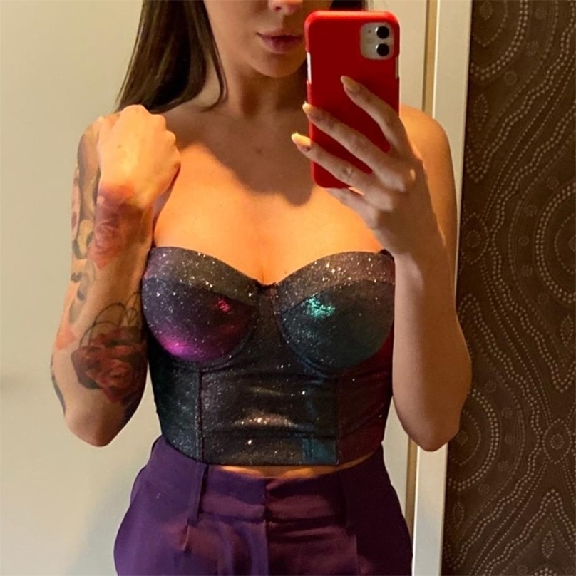 

Autumn Winter Golden Slim Sexy Nightclub Dance Performance Vest Size Wrapped Rim Outer Wear Women Bustier Crop Tops 220318, Bling colorful
