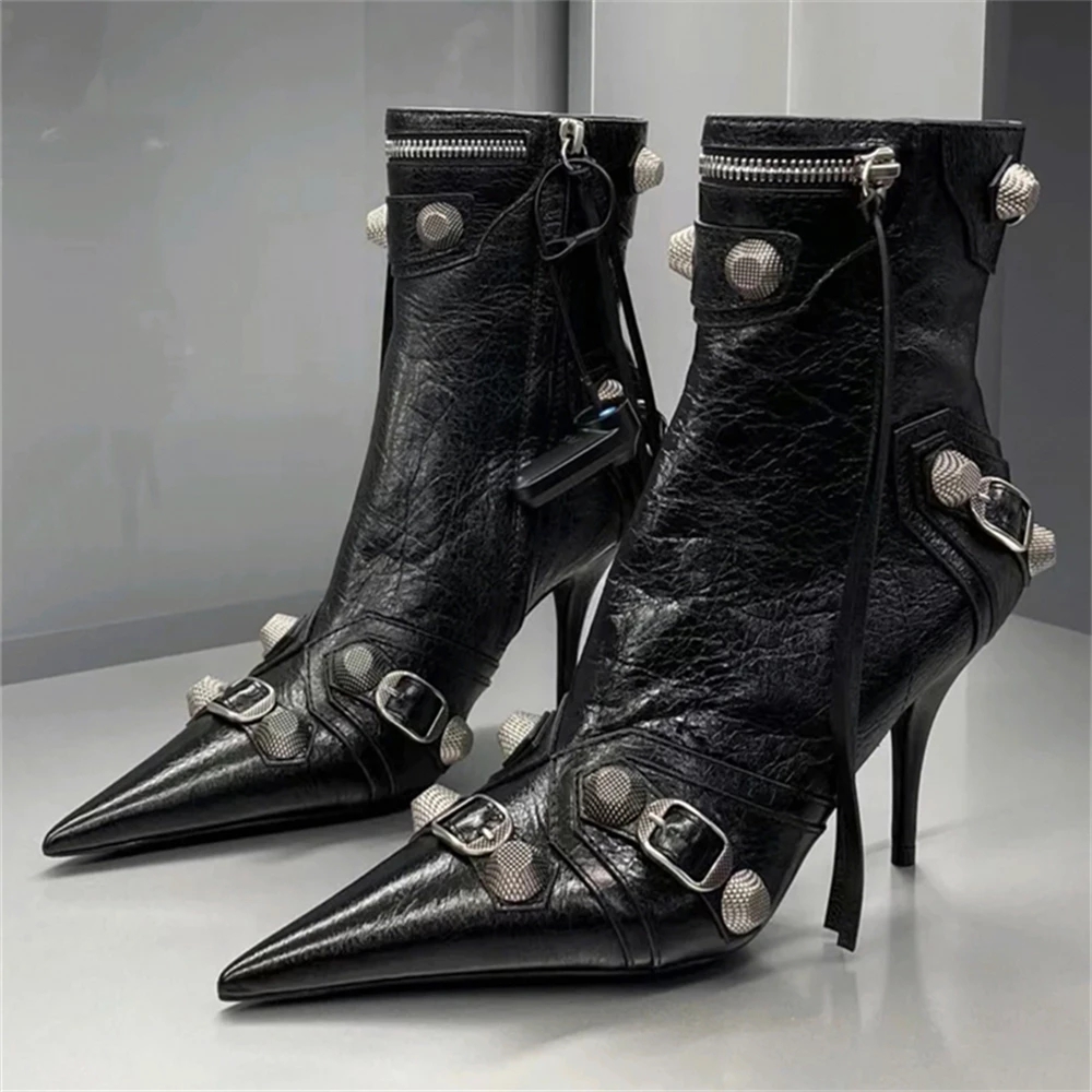 

New Women Slim High Heel Metal Buckle Chain Luxury Boots Fashion Comfortable Pointed Toe Ankle Boots Stiletto Party Short Boot, Pink