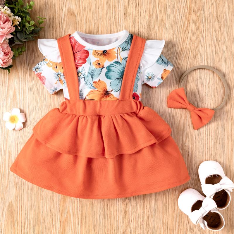 

Clothing Sets Baby Girl Summer Clothes Set Fashion Flare Short Sleeve Floral T-shirts Ruffles Romper Shorts Bow Headband 3Pcs OutfitsClothin, Orange