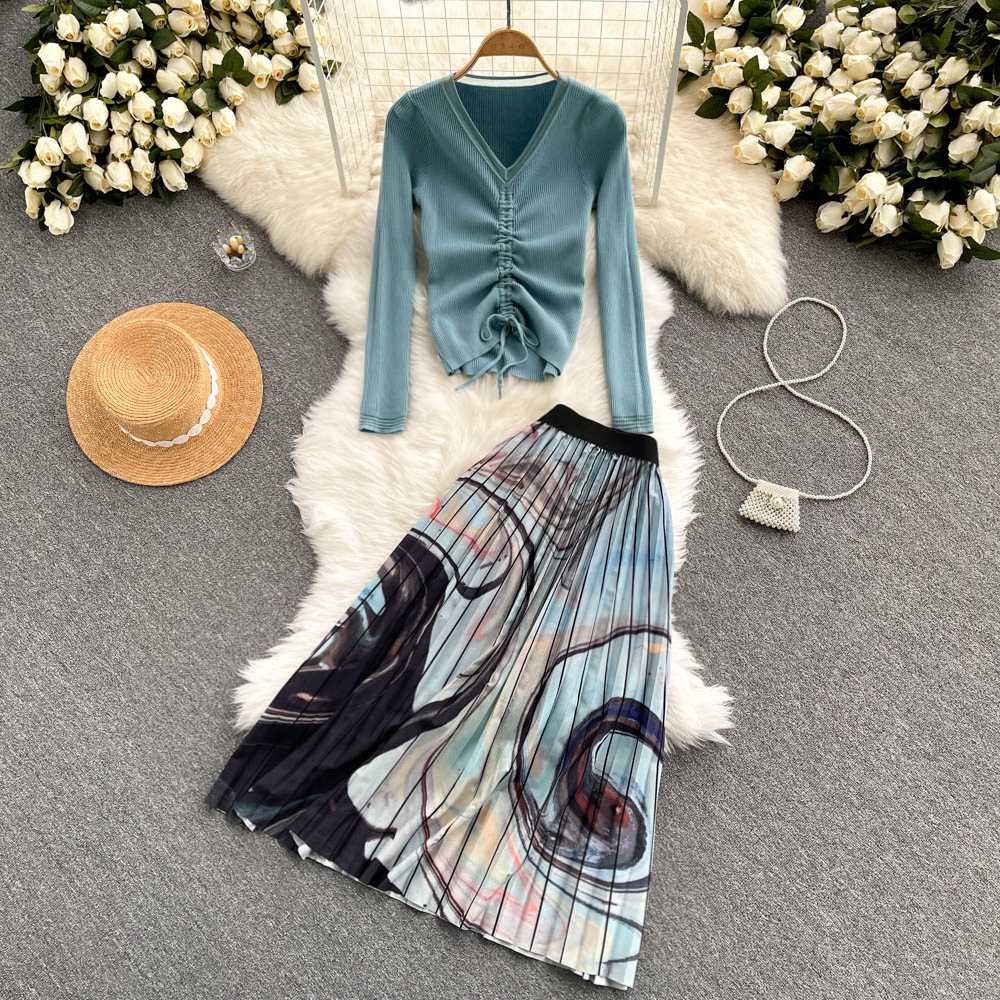 

Autumn Women Two Piece Dress Fashion Print Set Long Sleeve Drawstring Knit Sweater Tops+High Waist A-line Pleated Skirts Suits 2022, Same as picture