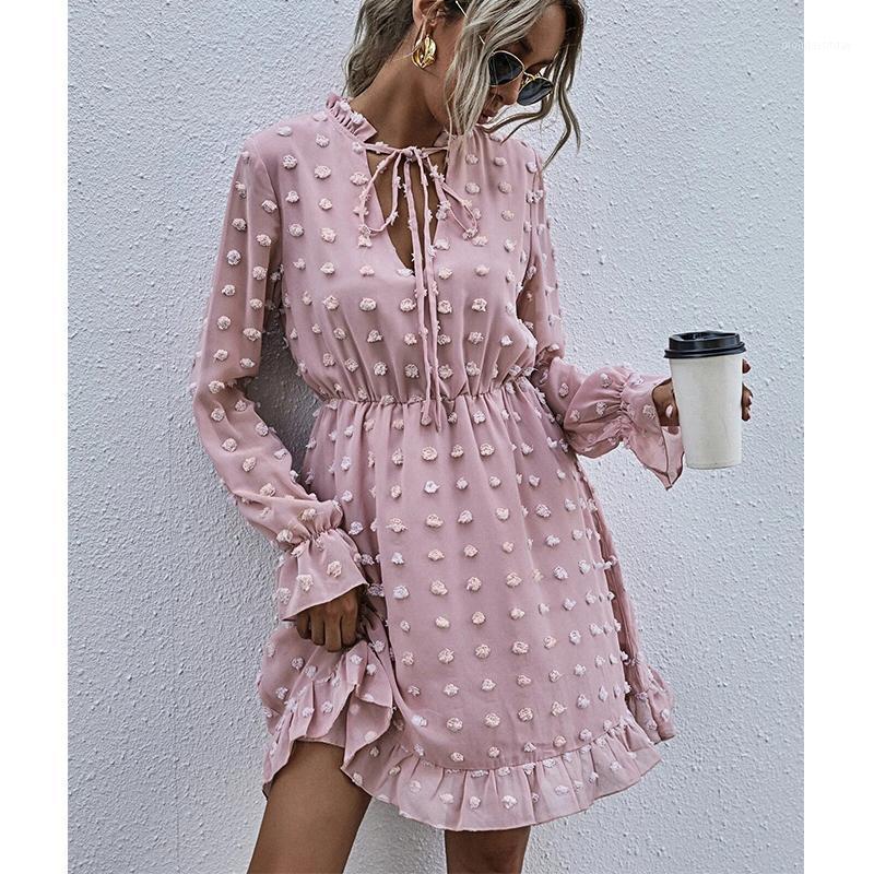 

Casual Dresses Women Pompon Ruffles Long Sleeve Lace-Up Dress 2022 Spring Ladies Solid V Neck A-Line Tunic Office Mini Vestidos, Black