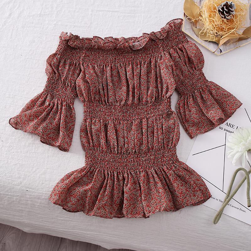 

Retro Women Floral Blouses Korean Sexy Collar Tube Top Stretch Lovely Chic Slim Flare Sleeve Fashion Casual Blouse Female Women's & Shirts, Green