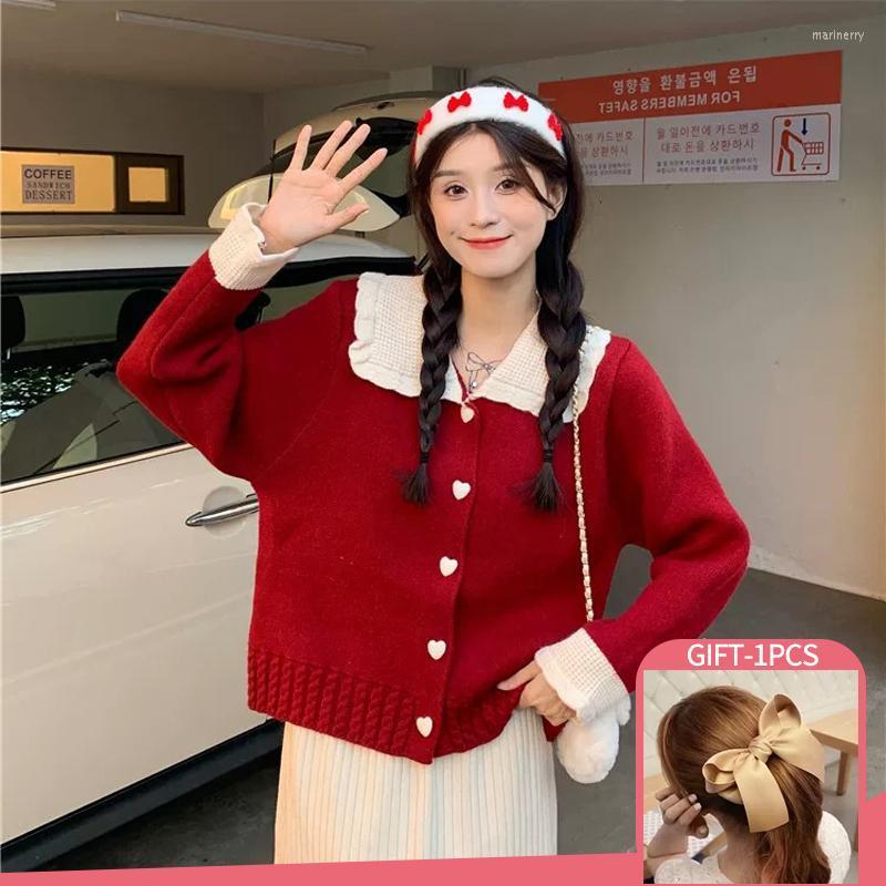 

Women' Knits & Tees Korean Sweet Square Collar Long Sleeves Loose Knitted Sweater Solid Color Autumn Winter Heart Button Preppy Style Women, Beige