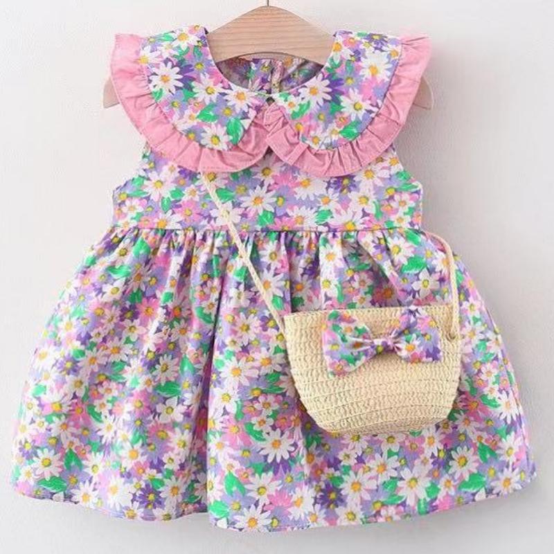 

Girl's Dresses Summer Toddler Infant Girl Clothes Set Baby Beach Cute Bow Sleeveless Broken Flower Cotton Born Princess Dress BagGirl's, -q05-
