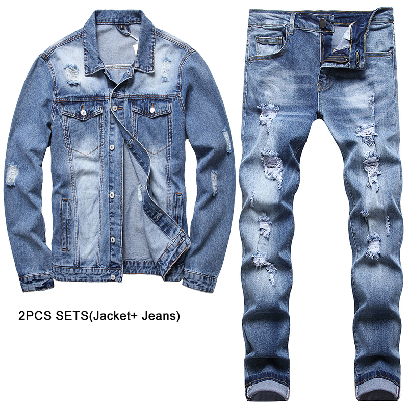 

Ripped Style Men's Jacket/Jeans Sets Autumn Tracksuits Casual Loose Long Sleeve Top Matching Denim Pants Light Blue Clothing Man, Jacket and jeans 301-3.701