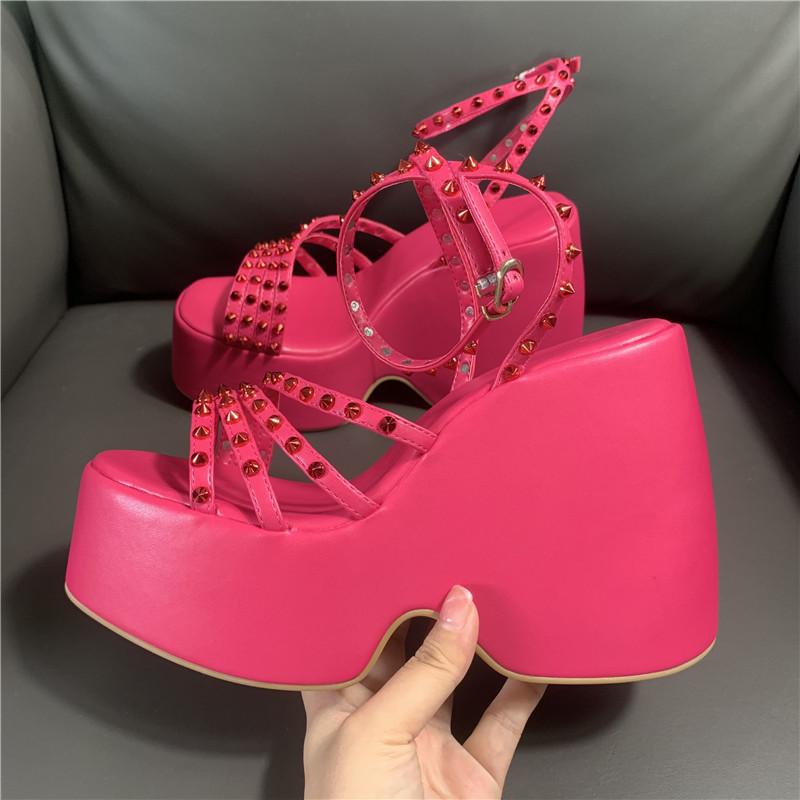 

Sandals Women's Casual Solid Color High Heel Open Toe Rivet Women Shoes Platform Narrow Band Spring 2022Sandals, Black