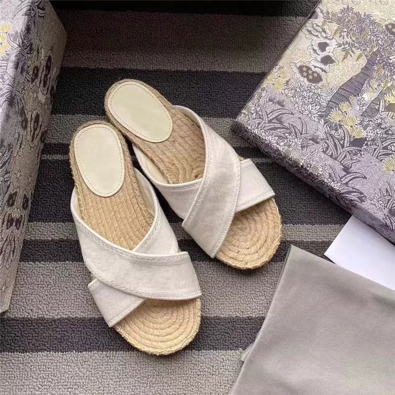 2022Brand Designer Embroidered Women Slippers Summer Open-toe Straw Slide With Dust Bag Classics Wide Striped Fisherman Shoes High Quality Outdoor S