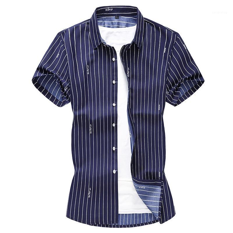 

Men Business Casual Style Striped Print Short Sleeve Shirt Fashion Male Loose Camisa Masculina Plus Size 5XL 6XL 7XL Men's Shirts, B1905 white