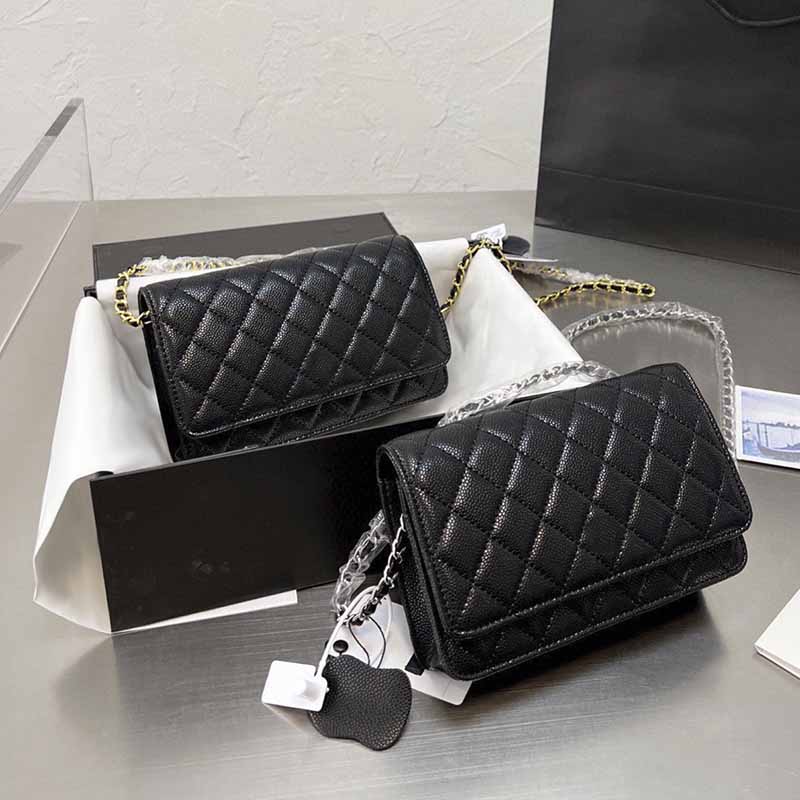 

19cm Women Small Flap Designer Bags Grained Caviar Solid Color Crossbody Bag Luxury Gold-Tone/Silver-Tone Metal Chain Mini Shoulder Bags Cla, Box