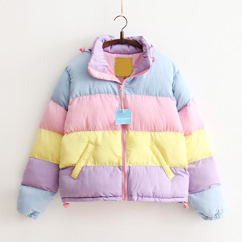 

Winter Jacket Rainbow Splicing Color Pastel Panel Puffer Coats For Women Whole Sale Free, Multi