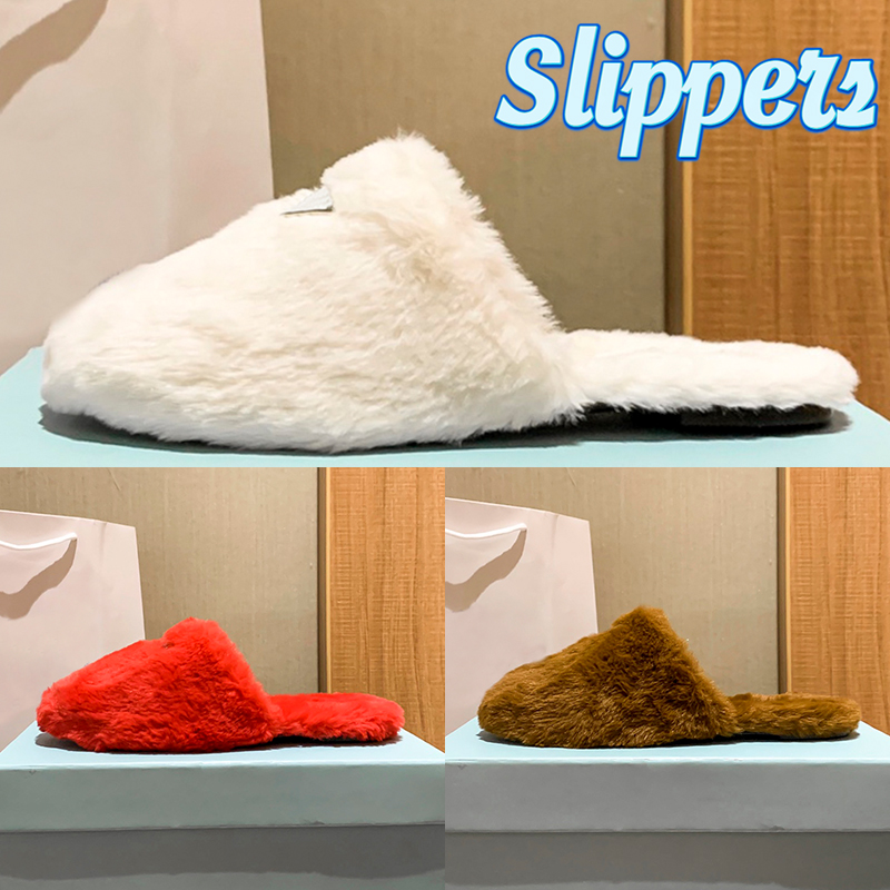 

With box Shearling Sabots Flat Slide Slippers women shoes Comfortable Wool Slides Soft Warm Fur sandals white black brown red luxury women designer slipper, Double box