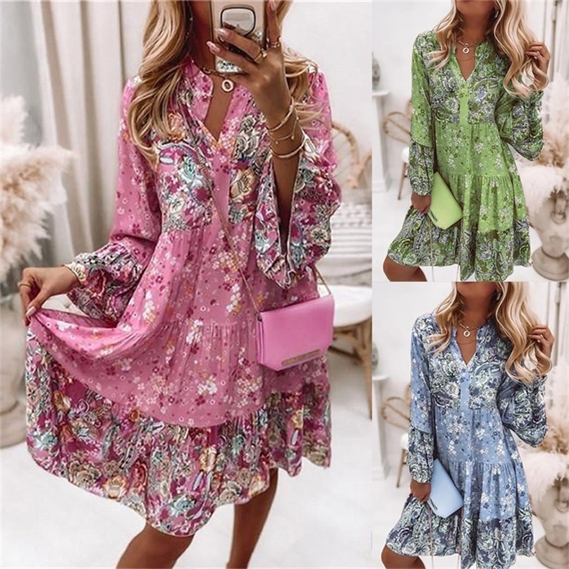 

Boho Floral Print Dress Women Casual V Neck Loose Summer Party Elegant Flare Sleeve Ruffle Beach Pullover es Vestidos 220613, Green