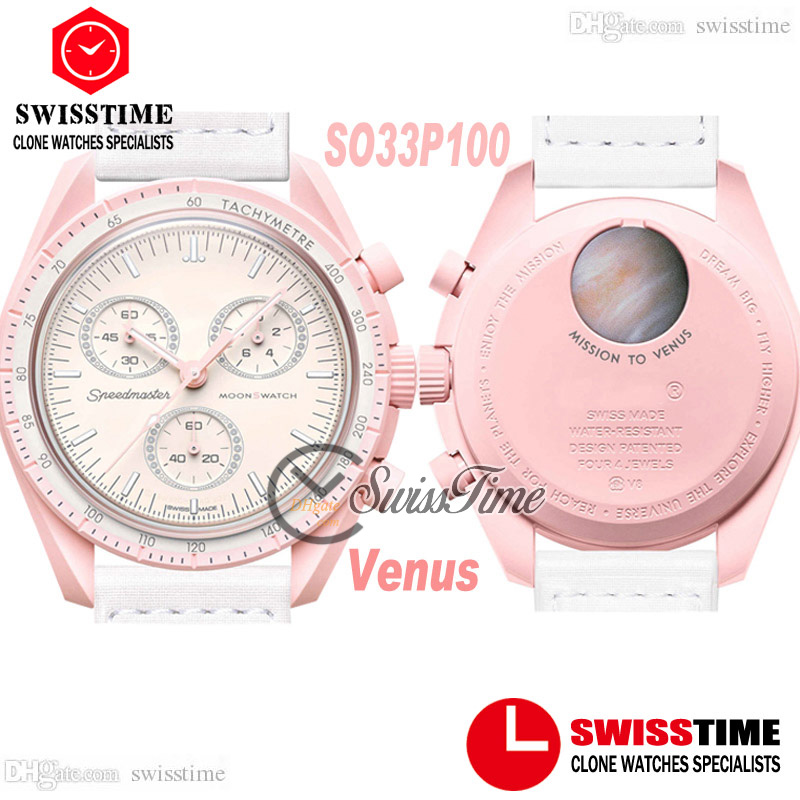 

Bioceramic Moonswatch Swiss Quqrtz Chronograph Mens Watch SO33P100 Mission To Venus 42 Real Pink Ceramic White Nylon Stopwatch With Box Super Edition Swisstime C3, #3-mission