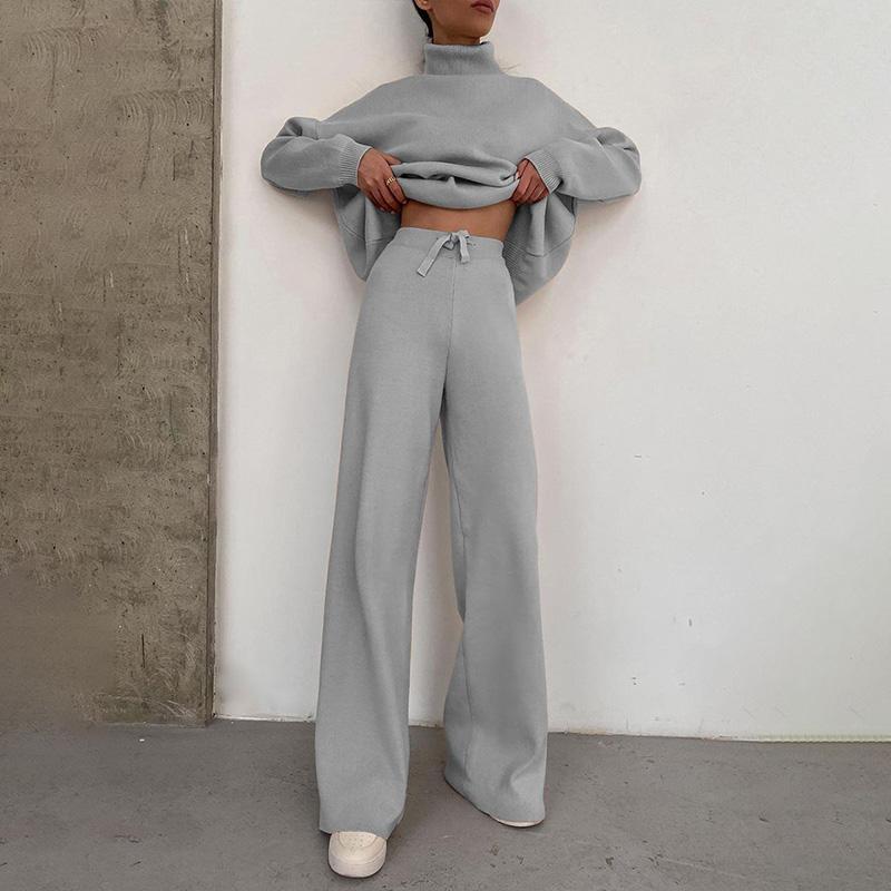 

Women' Two Piece Pants Knitted Women Tracksuit 2022 Autumn Winter Casual Turtleneck Long Sleeved Sweater Top Wide Leg Suits Set, Gray top