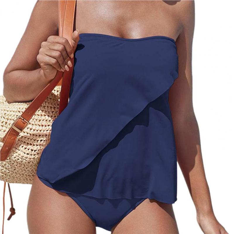 

Women's Swimwear 2Pcs/Set Solid Color Padded Flowy Hem Women Swimsuit Bandeau Top High Waist Briefs Bathing Suit For Water Activity, Blue