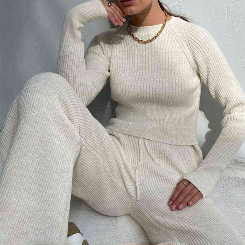 Women Solid Knitt Sweater Sets Casual O Neck And Drawstring Wide Leg Pant Suit Autumn Winter Long Sleeve Homewear Loose Outfits T220729