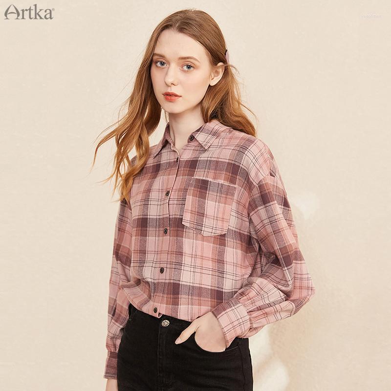 

Women' Blouses & Shirts 2022 Autumn Women Blouse Fashion Casual Pure Cotton Long Sleeve Shirt Loose Turn-down Collar Plaid SA25001DWomen, Pink