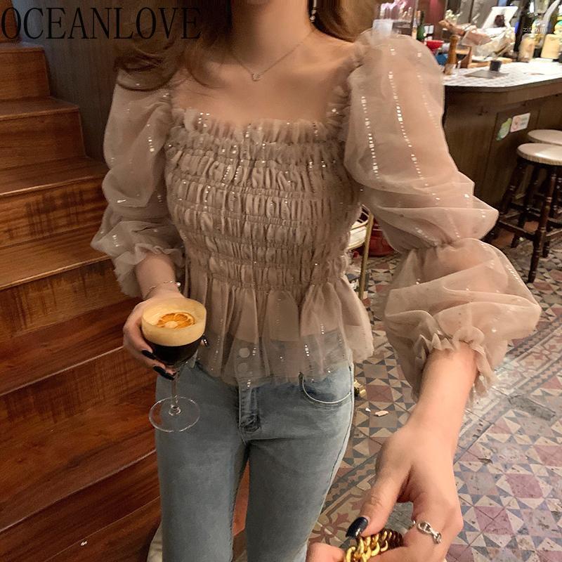 

Chiffon Blouse Women Tops Solid Slash Neck Puff Sleeve Spring Sweet Shirts Ruffles Sequins Blusas Mujer 2022 Ins Women's Blouses &, Apricot