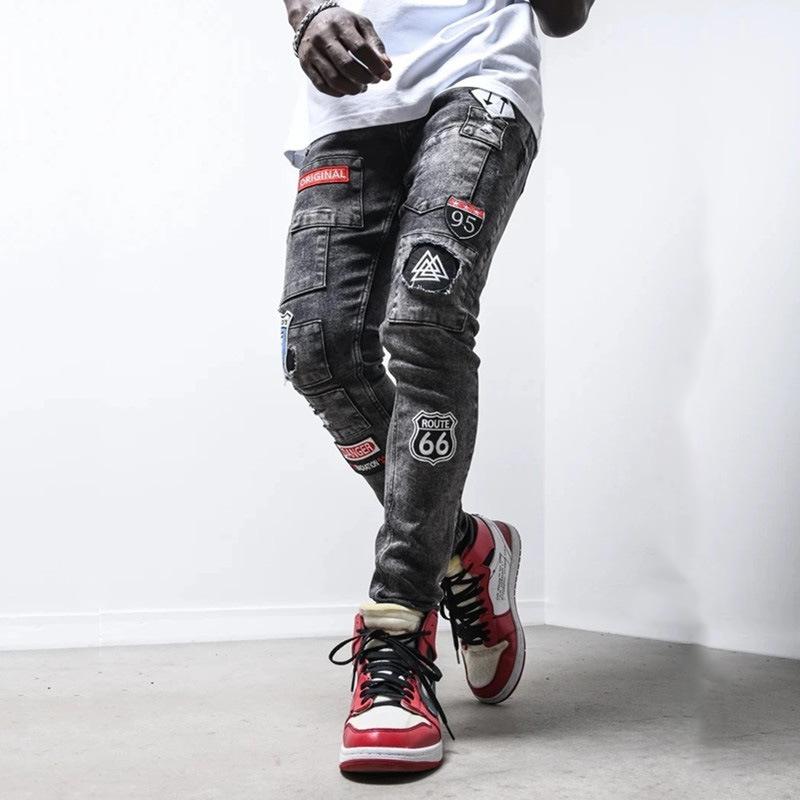 

Men's Jeans Fashion Mens Patch Embroidered Elastic Casual Pencil Pants Denim For Men Trend Streetwear Boyfriend, 068
